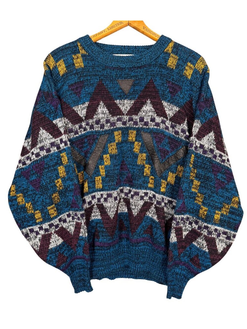 Vintage 90s Grandpa Sweater, Leather Patchwork, Southwest Aesthetic, Crewneck